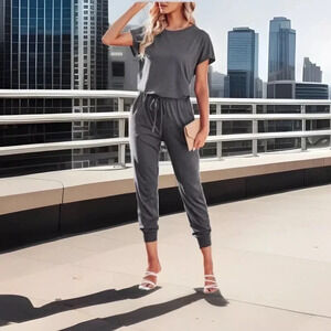 Short Sleeve Women’s Grey Crewneck Drawstring Elastic Waist Jumpsuit W Pockets L